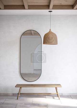 Photo for Fragment of an interior with a wicker lampshade and a wooden bench and a mirror with incident light. 3d rendering - Royalty Free Image
