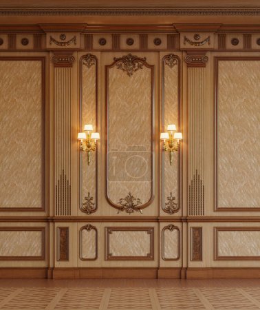 Foto de Pared con paneles de madera con adorno de oro y dos lámparas en ella 3d renderizado - Imagen libre de derechos