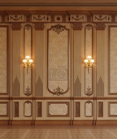 Foto de Pared con paneles de madera con adorno de oro y dos lámparas en ella 3d renderizado - Imagen libre de derechos