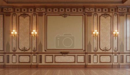 Téléchargez les photos : Mur lambrissé en bois avec garniture dorée et deux lampes sur elle rendu 3d - en image libre de droit