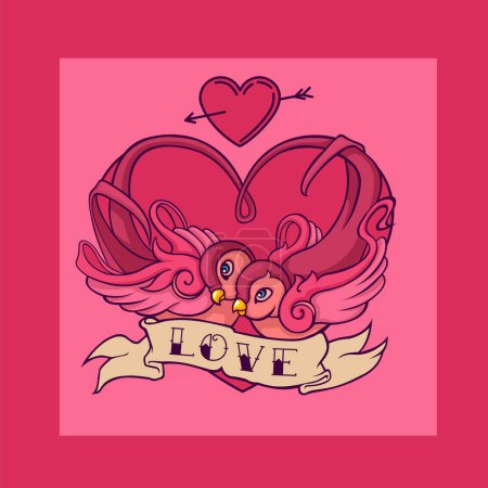 Ilustración de Nueva escuela tatuaje estilo tarjeta de San Valentín con golondrinas amor con cinta vintage y letras de amor - Imagen libre de derechos
