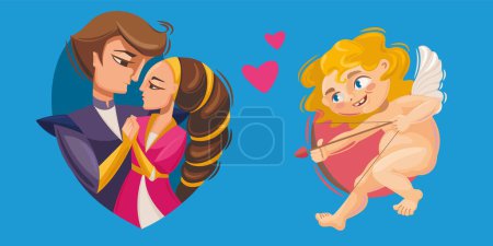 Téléchargez les illustrations : L'image montre un homme et une femme dans une bulle en forme de cœur, Cupidon tenant un arc et une flèche. Ils sourient tous les deux et semblent profiter de leur temps ensemble. - en licence libre de droit