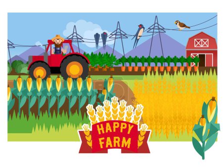 Ilustración de Granja feliz. Trabajo de granja, agricultor en cosechas de tractores. Ilustración para niños - Imagen libre de derechos
