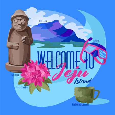 Ilustración de Bienvenido a Jeju Island Postal con vistas - Imagen libre de derechos