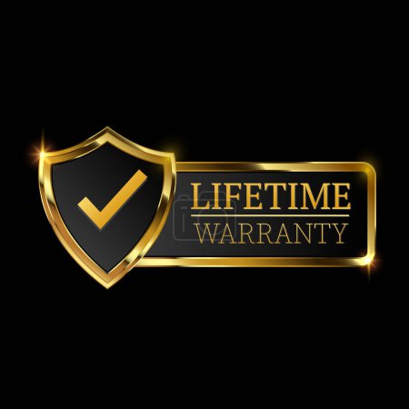 Illustration for Lifetime warranty logo with golden shield and golden ribbon.Vector illustration. - Royalty Free Image