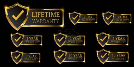 Illustration for Set of golden warranty logo,Vector golden warranty number. 7, 30, 3, 1, 2, 3,6, 5, 10, 15,,20life time,logo design. vector illustration - Royalty Free Image