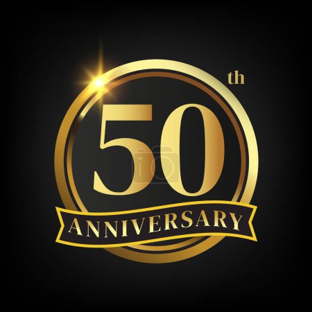 Téléchargez les illustrations : Logo du 50e anniversaire en or, avec couronne de laurier et ruban d'or Illustration vectorielle - en licence libre de droit