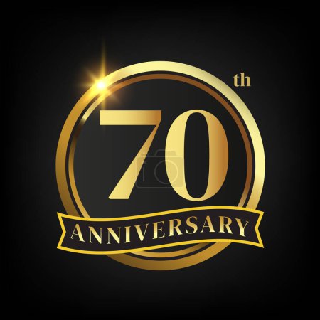 Téléchargez les illustrations : Logo du 70e anniversaire en or, avec couronne de laurier et ruban d'or Illustration vectorielle - en licence libre de droit