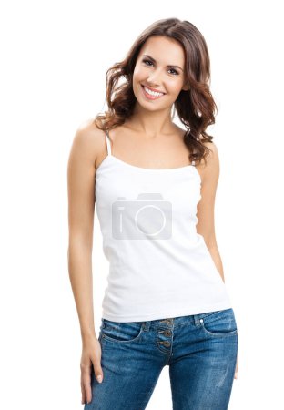 Foto de Retrato de feliz sonriente joven hermosa mujer, aislado sobre fondo blanco - Imagen libre de derechos
