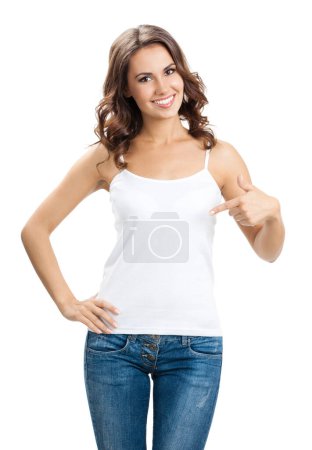 Photo for Happy smiling beautiful young woman showing copyspace or something, isolated over white background - Royalty Free Image