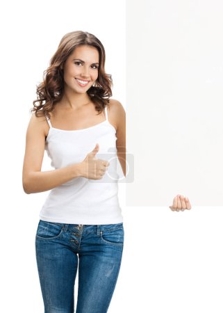 Photo for Happy smiling beautiful young woman showing blank signboard or copyspace, isolated over white background - Royalty Free Image