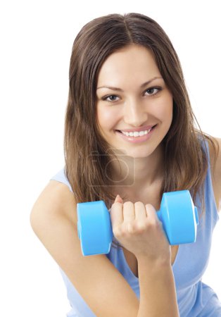 Foto de Joven mujer sonriente feliz en ropa deportiva, haciendo ejercicio de fitness con mancuerna, aislado sobre fondo blanco - Imagen libre de derechos