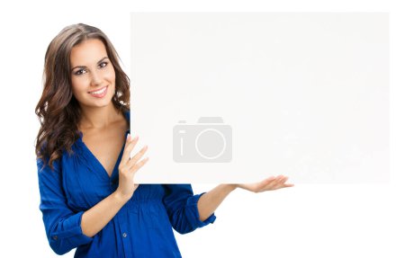 Photo for Happy smiling beautiful young woman showing blank signboard or copyspace, isolated over white background - Royalty Free Image