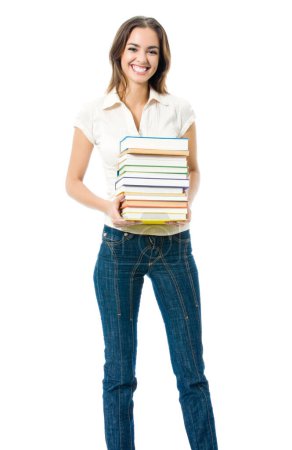 Photo for Full body portrait of young happy smiling woman with textbooks, isolated over white background - Royalty Free Image