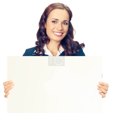 Photo for Portrait of happy smiling business woman with blue folder, isolated on white background - Royalty Free Image