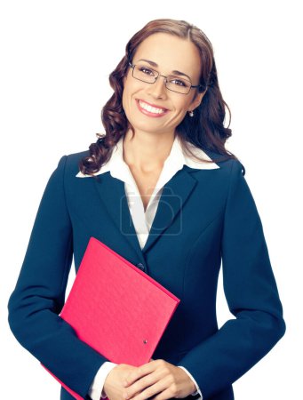 Foto de Retrato de feliz mujer de negocios sonriente en gafas con carpeta roja, aislado sobre fondo blanco - Imagen libre de derechos