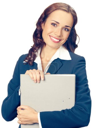 Photo for Portrait of happy smiling business woman with grey folder, isolated on white background - Royalty Free Image