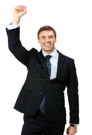 Foto de Feliz gesto joven sonriente hombre de negocios, aislado sobre fondo blanco - Imagen libre de derechos