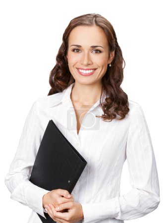 Photo for Portrait of young happy smiling businesswoman with black folder, isolated on white background - Royalty Free Image