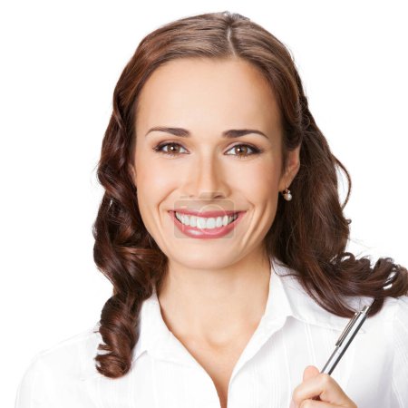 Téléchargez les photos : Joyeux sourire jeune femme d'affaires avec stylo, isolé sur fond blanc - en image libre de droit
