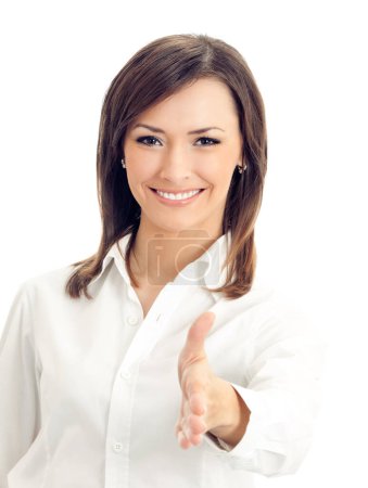 Foto de Retrato de feliz mujer de negocios sonriente, dando la mano para el apretón de manos, aislado sobre fondo blanco - Imagen libre de derechos
