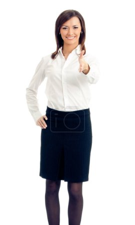 Foto de Retrato de cuerpo completo de mujer de negocios sonriente dando la mano para el apretón de manos, aislado sobre fondo blanco - Imagen libre de derechos