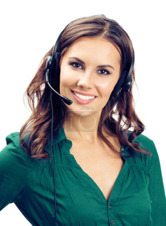 Photo for Portrait of happy smiling young female support phone operator in headset, isolated on white background - Royalty Free Image