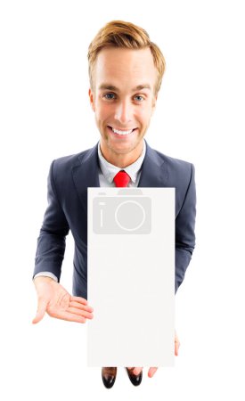 Photo for Full body portrait of funny young businessman in confident suit and red tie, showing blank signboard with copyspace area for advertising text or slogan, top angle view shot, isolated over white background. Business concept. - Royalty Free Image
