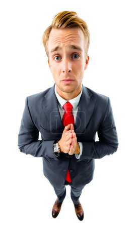 Photo for O, please! Full body portrait of funny young businessman in black suit and red tie, press palms together as ask for something or pray gesture, top angle view shot, isolated against white background. Business concept. - Royalty Free Image