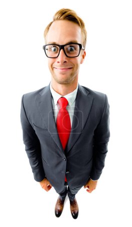 Photo for Full body portrait of funny young businessman in glasses, black confident suit and red tie, top angle view shot, isolated against white background. Business concept. - Royalty Free Image