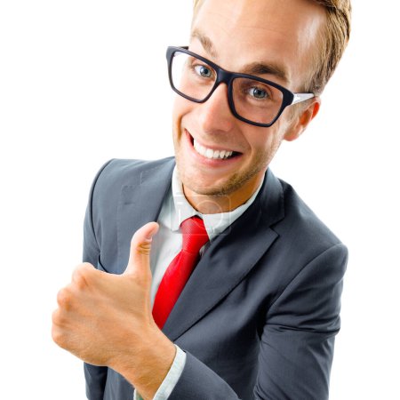 Photo for Full body portrait of funny businessman in glasses, black confident suit and red tie, showing thumbs up gesture, top angle view shot, isolated against white background. Business concept. - Royalty Free Image