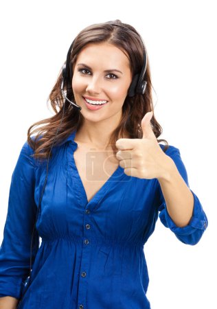 Photo for Portrait of happy smiling cheerful young support phone operator in headset showing thumbs up gesture, isolated over white background - Royalty Free Image