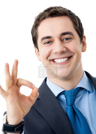 Photo for Happy smiling cheerful business man with okay gesture, isolated over white background - Royalty Free Image