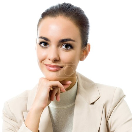Téléchargez les photos : Portrait de femme d'affaires souriante heureuse, isolée sur fond blanc - en image libre de droit