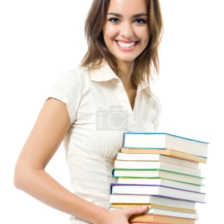 Téléchargez les photos : Jeune femme souriante heureuse avec des manuels, isolée sur fond blanc - en image libre de droit