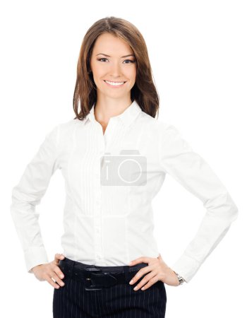 Foto de Retrato de feliz sonriente joven mujer de negocios alegre, aislado sobre fondo blanco - Imagen libre de derechos