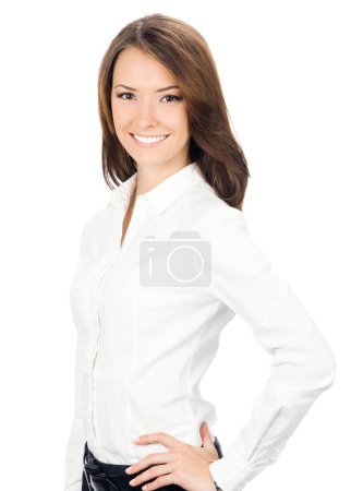 Foto de Retrato de feliz sonriente joven mujer de negocios alegre, aislado sobre fondo blanco - Imagen libre de derechos