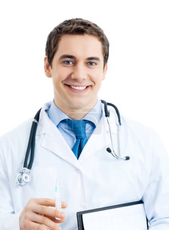 Happy doctor with syringe, isolated on white background