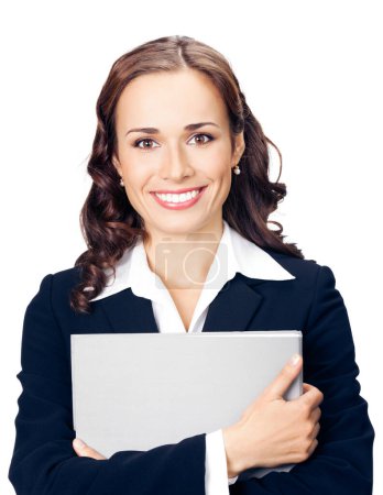 Téléchargez les photos : Portrait de femme d'affaires souriante heureuse avec dossier gris, isolé sur fond blanc - en image libre de droit