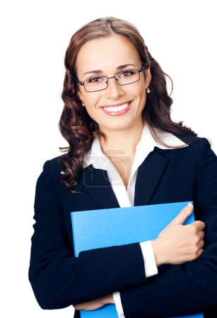 Photo for Portrait of happy smiling business woman in glasses with blue folder, isolated on white background - Royalty Free Image