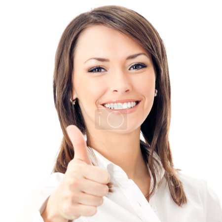 Foto de Feliz mujer de negocios sonriente con los pulgares hacia arriba gesto, aislado sobre fondo blanco - Imagen libre de derechos