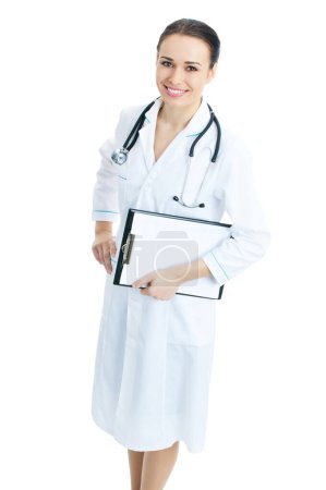 Téléchargez les photos : Vue du dessus portrait complet du corps de la femme médecin ou infirmière avec presse-papiers, isolé sur fond blanc - en image libre de droit