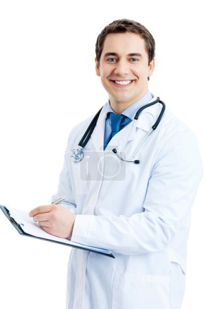 Photo for Happy smiling doctor writing on clipboard, isolated on white background - Royalty Free Image