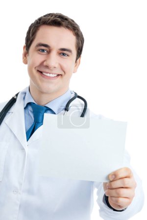Photo for Portrait of happy smiling young doctor with signboard, isolated over white background - Royalty Free Image
