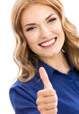 Photo for Happy business woman with thumbs up gesture, isolated against white background - Royalty Free Image