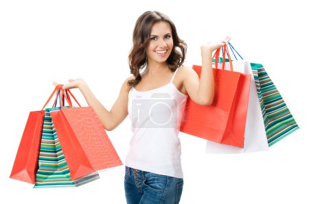 Foto de Feliz mujer sonriente con bolsas de compras, aislado sobre fondo blanco - Imagen libre de derechos
