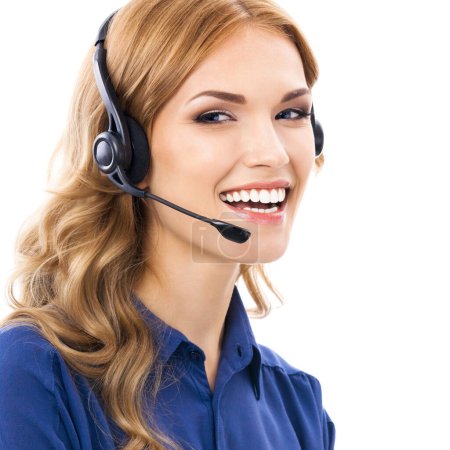 Photo for Happy smiling beautiful support phone operator in headset, isolated against white background - Royalty Free Image
