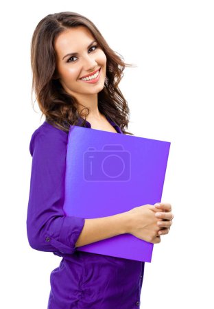 Foto de Retrato de joven feliz mujer de negocios sonriente con carpeta, aislado sobre fondo blanco - Imagen libre de derechos