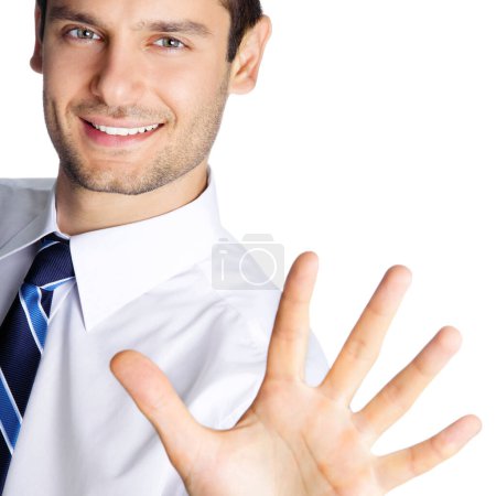 Foto de Feliz hombre de negocios sonriente mostrando cinco dedos, aislado sobre fondo blanco - Imagen libre de derechos