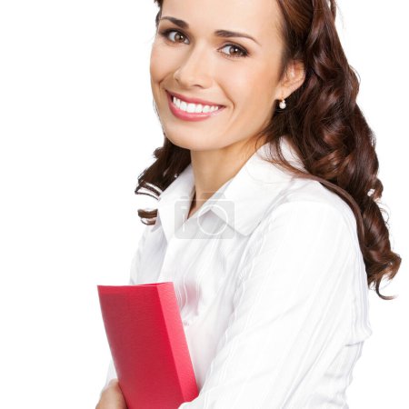 Foto de Feliz mujer de negocios sonriente con carpeta roja, aislado sobre fondo blanco - Imagen libre de derechos
